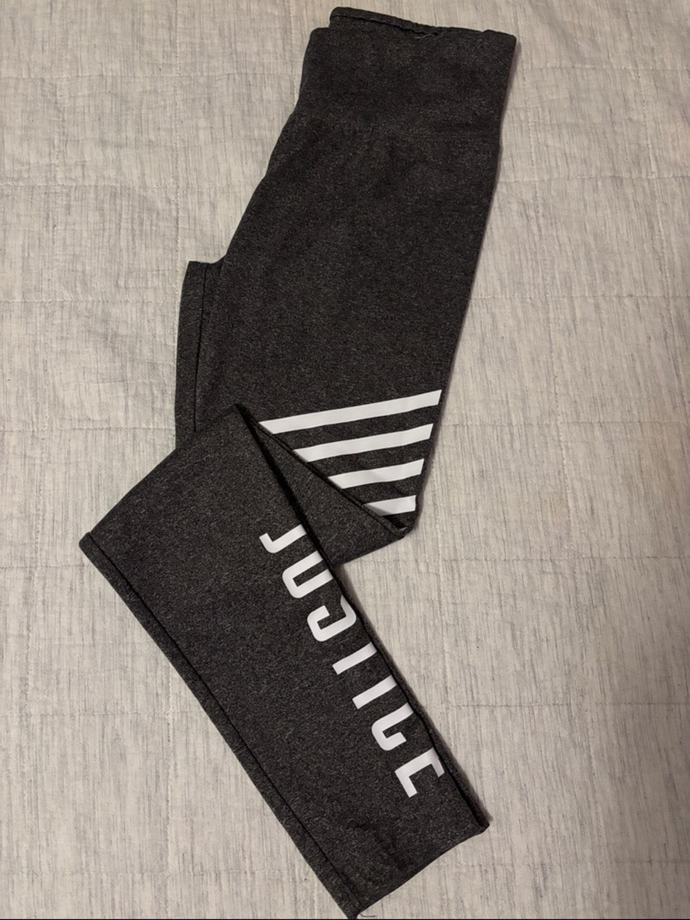 Justice Girl’s 14/16 Dark Charcoal Leggings with White Logo and Stripe Detail